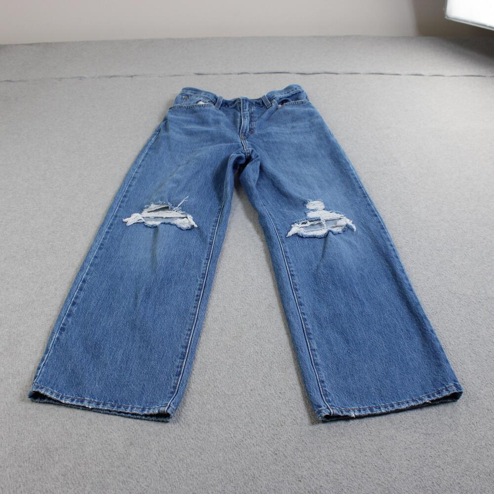 Levis High Waisted Straight Jeans Women 28 Blue Medium Wash Distressed Knee Rips